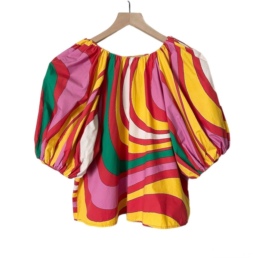 Rhode Rowan Blouse Pink Yellow Red Swirl Puff Sleeve Cotton Top Tie Back XS